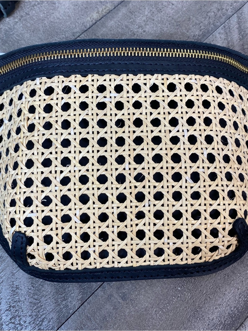 WP Standard Black Leather & Rattan Cane Woven Sling Bag Fanny Pack Crossbody - Picture 12 of 12